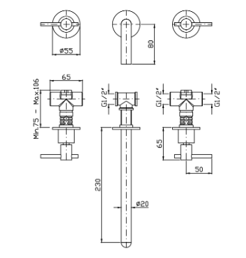 HELM 3TH WALL MOUNTED BASIN MIXER 230MM