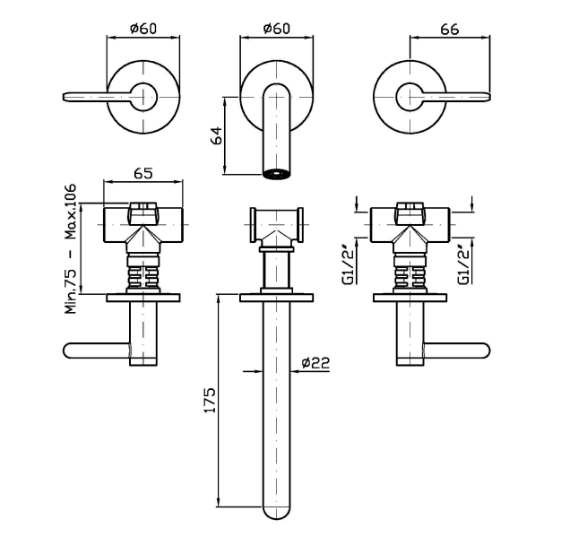 ISY22 3TH WALL MOUNTED BASIN MIXER 175MM
