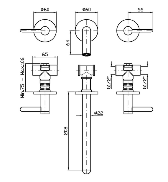 ISY22 3TH WALL MOUNTED BASIN MIXER 210MM
