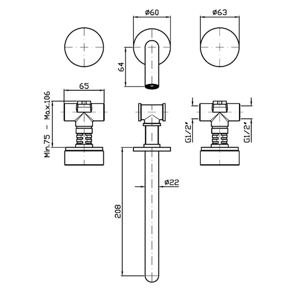 ISY22 WALL MOUNTED BASIN MIXER 210MM W CALACATTA GOLD MARBLE HANDLES