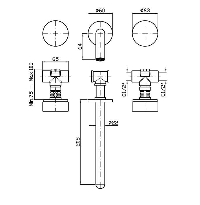 ISY22 WALL MOUNTED BASIN MIXER 210MM W NOIR DORÉ MARBLE HANDLES