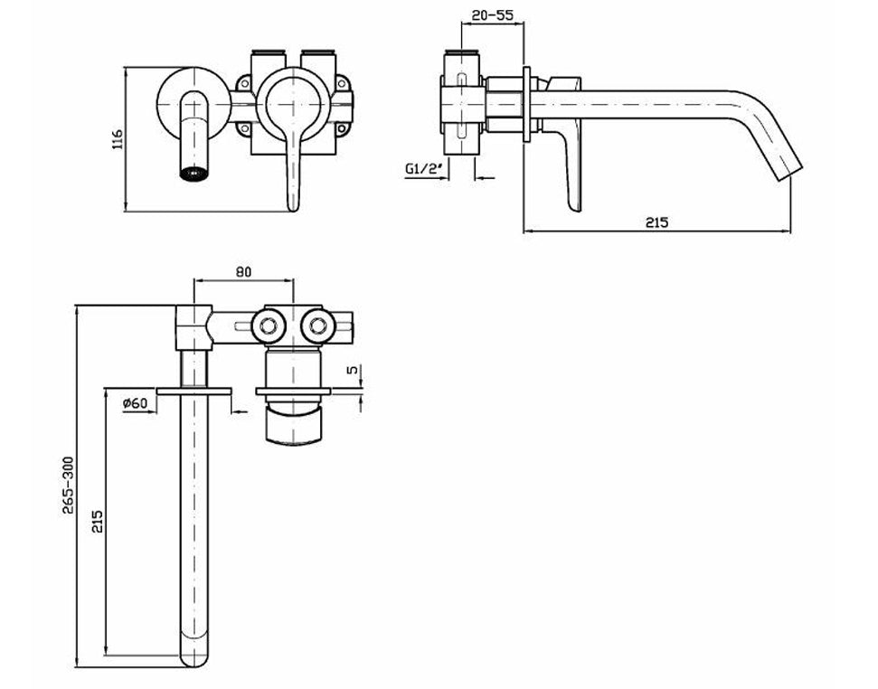 MEDAMEDA WALL MOUNTED BASIN MIXER 215MM