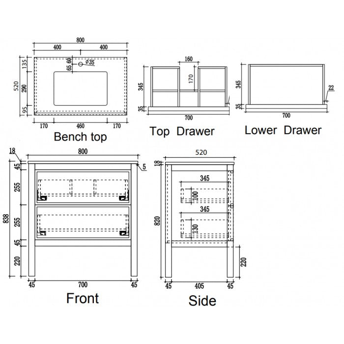 ARRIVO 800 FLOOR VANITY W/ 1TH MARBLE TOP
